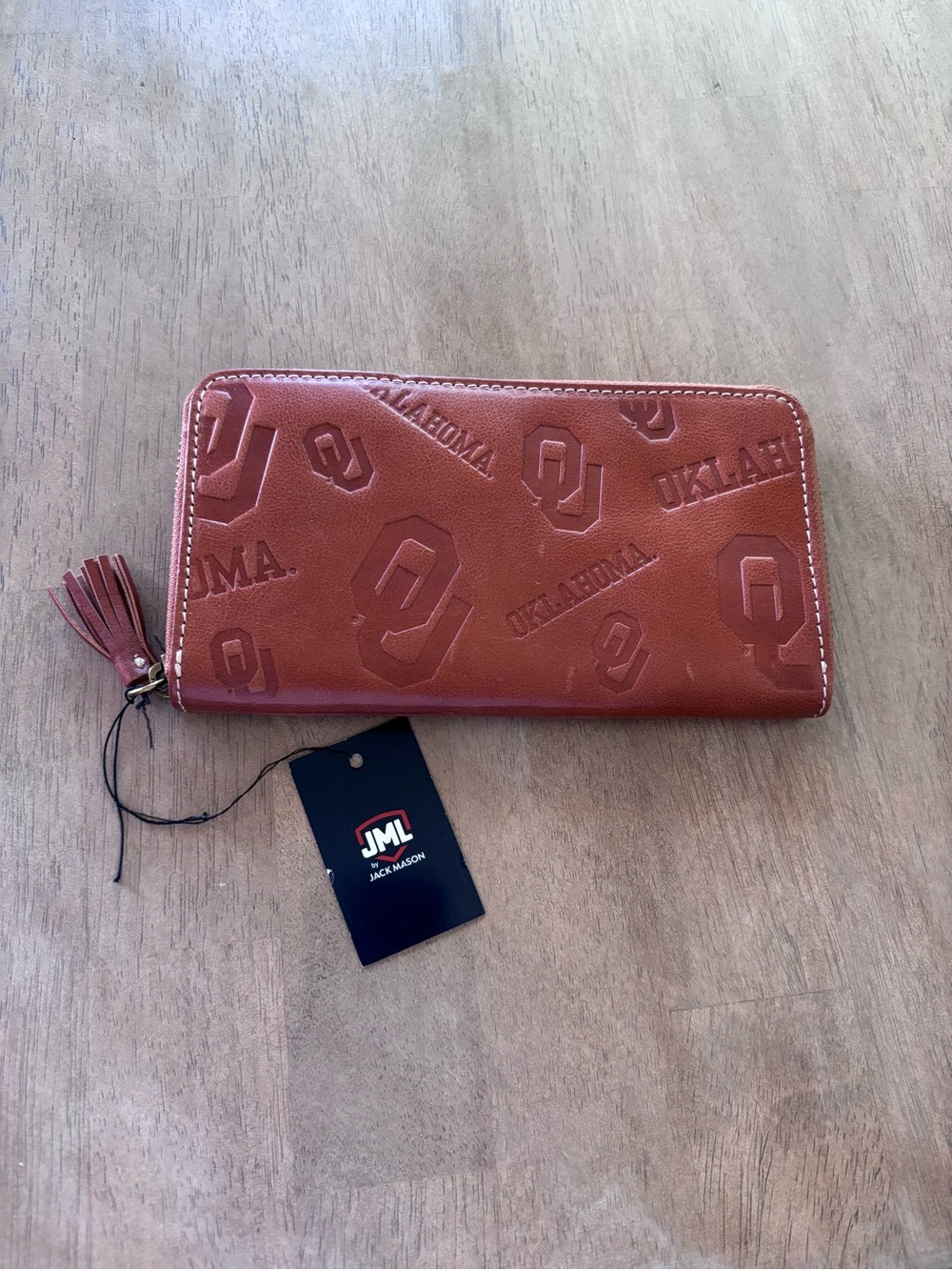 NWT JML by Jack Mason Oklahoma OU Embossed Leather Zip Wallet - Brown